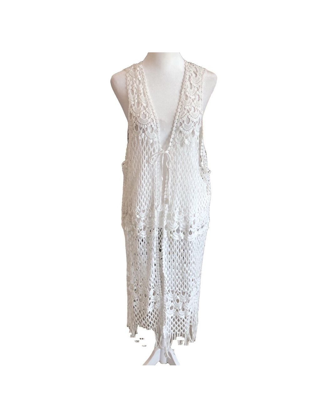 India Boutique One Size white crochet duster length cover up. Beach pool cotton